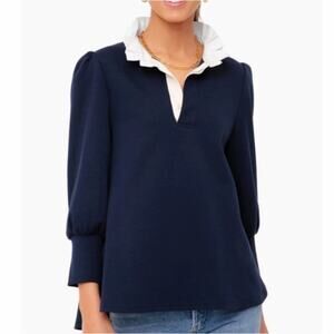 Tuckernuck pomander place Charlotte blouse ruffle neck navy blue preppy timeless